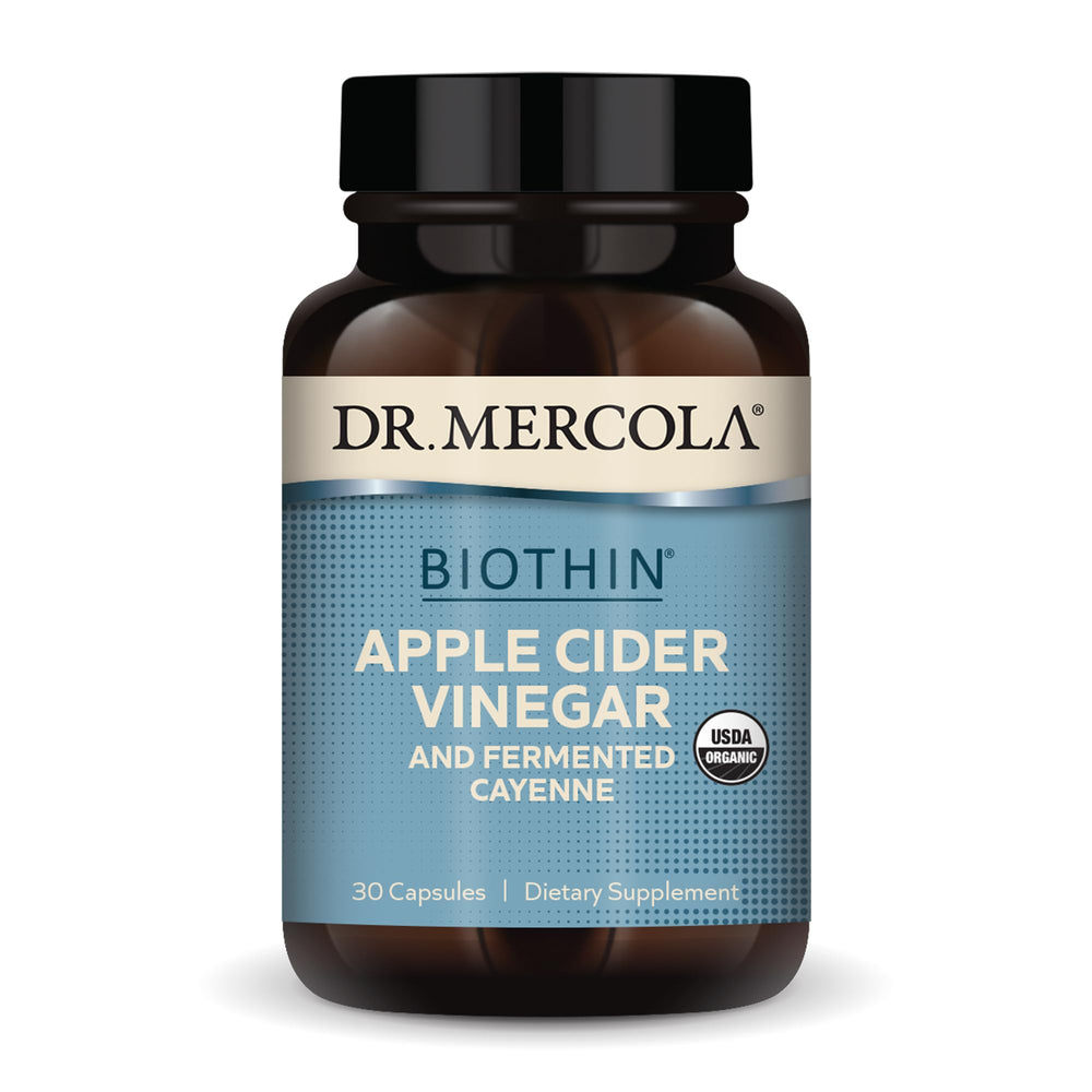 Front view of Dr. Mercola Biothin Apple Cider Vinegar and Fermented Cayenne capsules bottle