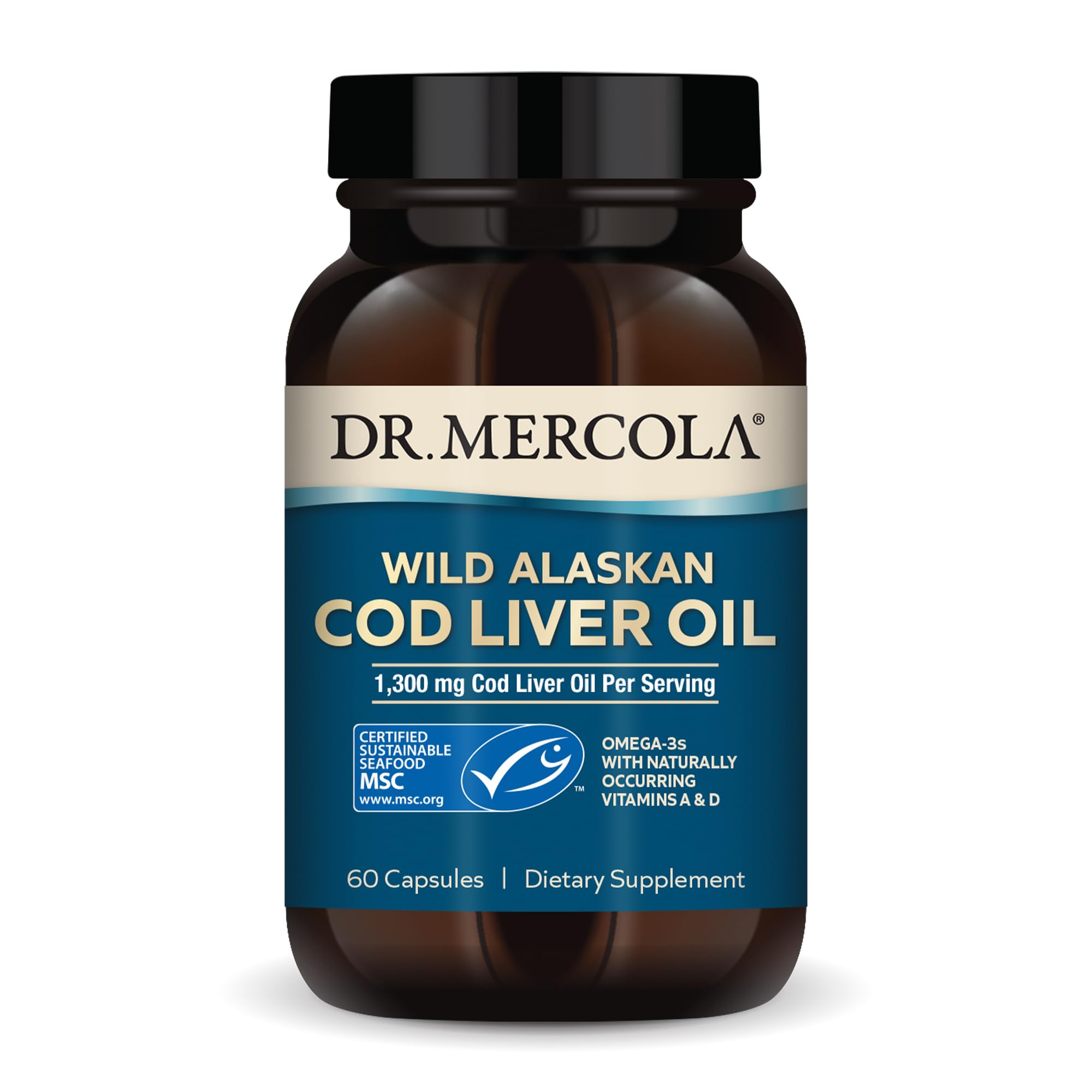 Bottle of Dr. Mercola Cod Liver Oil with label