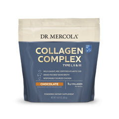 Front view of Dr Mercola Collagen Complex Powder chocolate tub