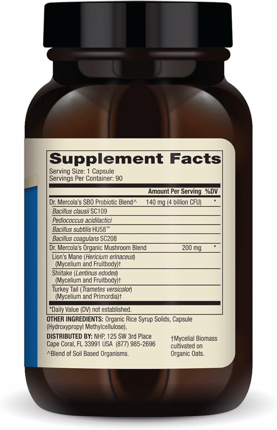 Close-up of the Dr. Mercola Complete Probiotics SBO bottle label
