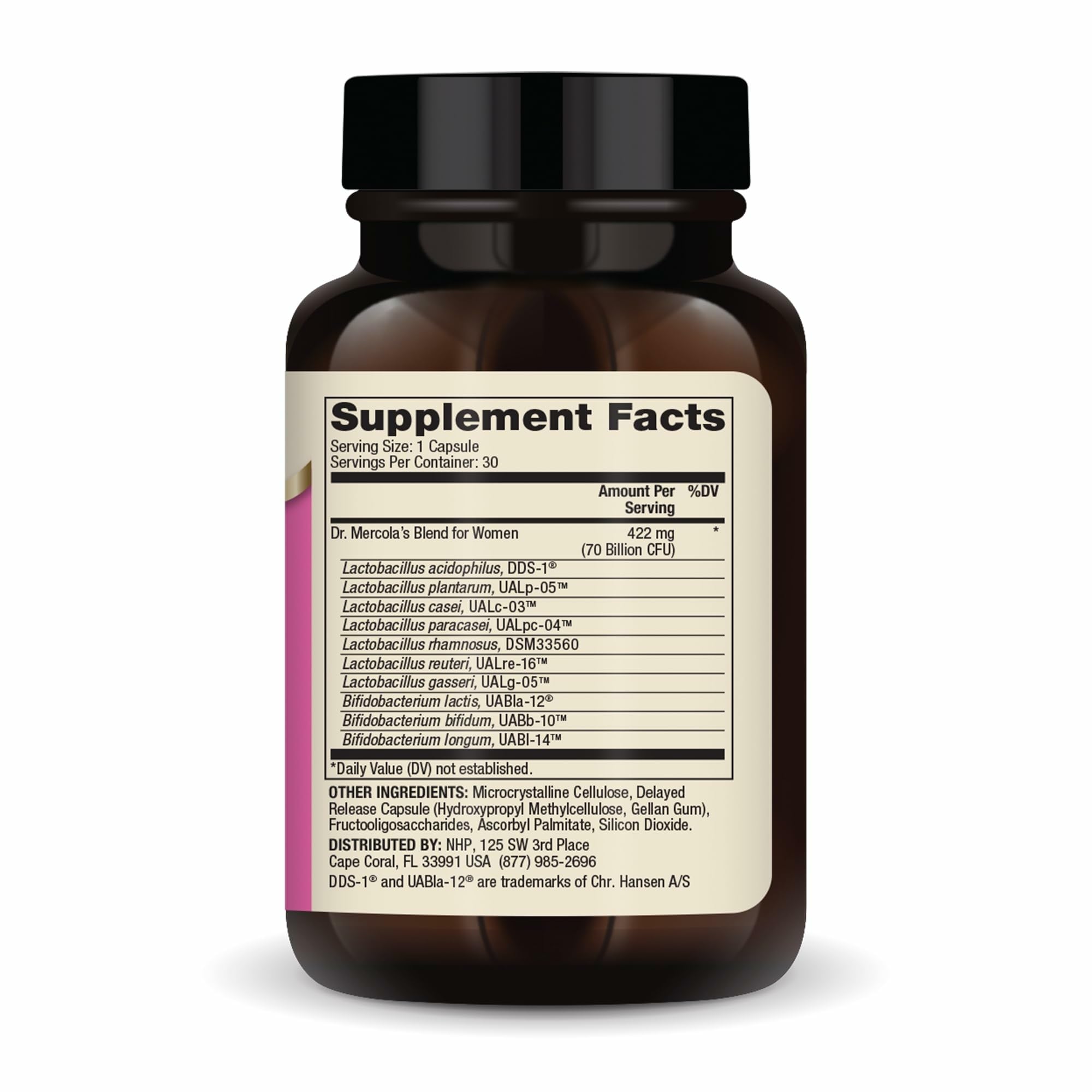 Close-up of Dr. Mercola Complete Probiotics for Women bottle label