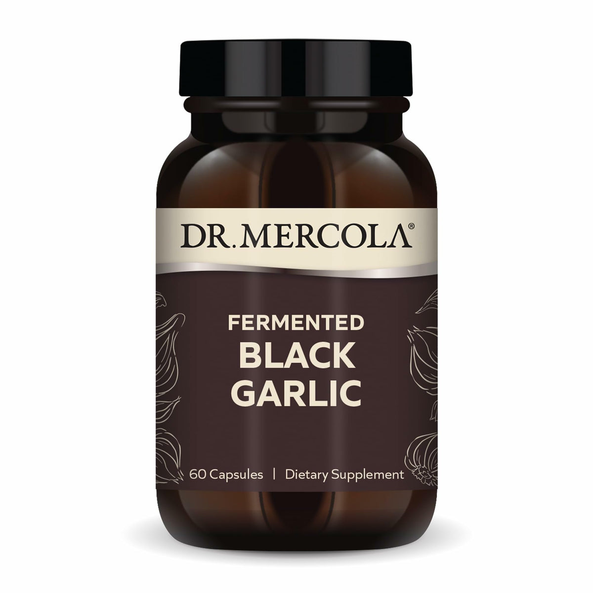 Bottle of Dr. Mercola Fermented Black Garlic capsules