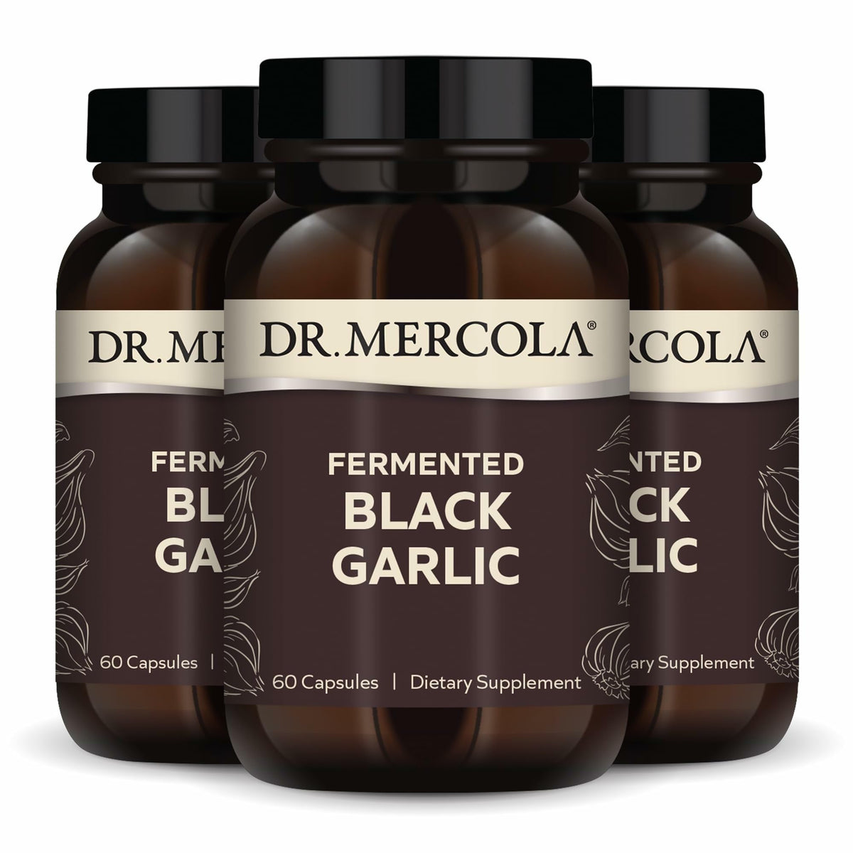 Front view of Dr. Mercola Fermented Black Garlic bottle