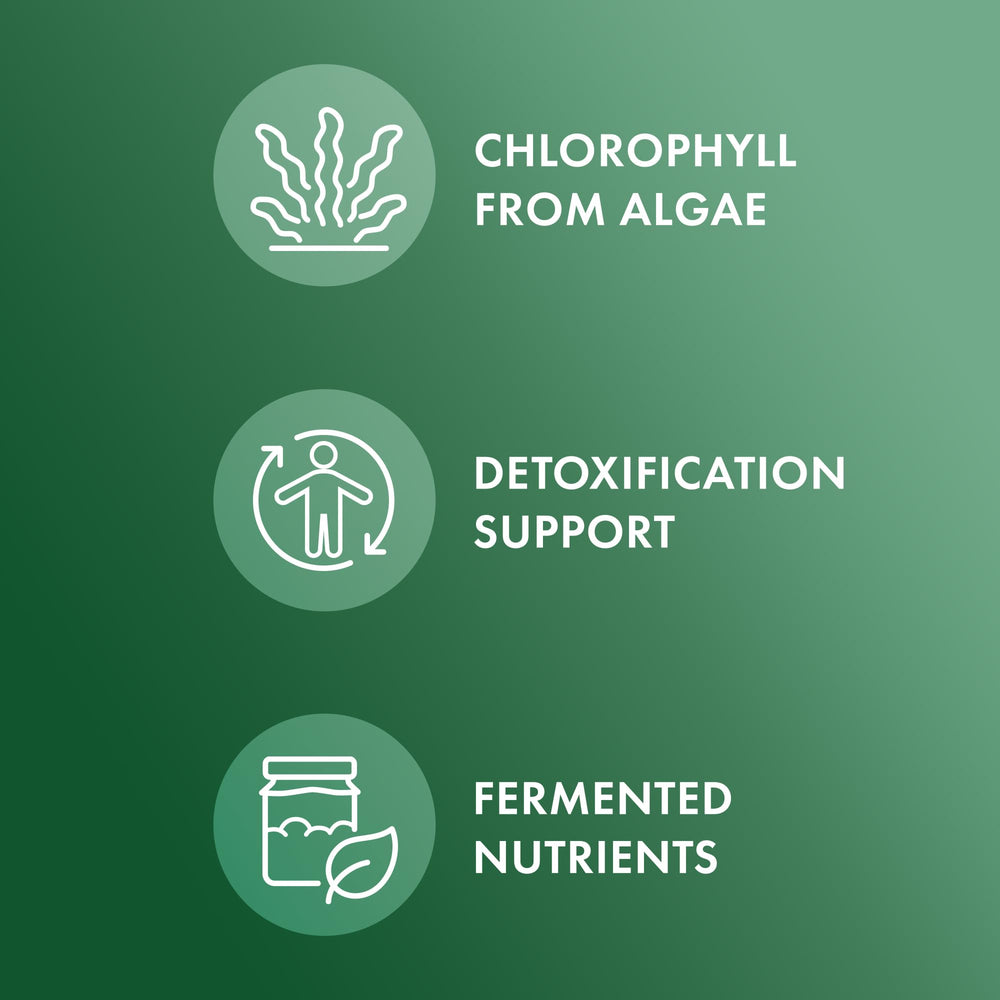Close up of chlorella and chlorophyll ingredients