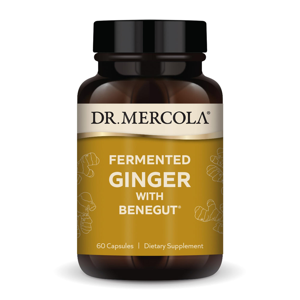 Dr. Mercola Fermented Ginger with Benegut bottle label on white background