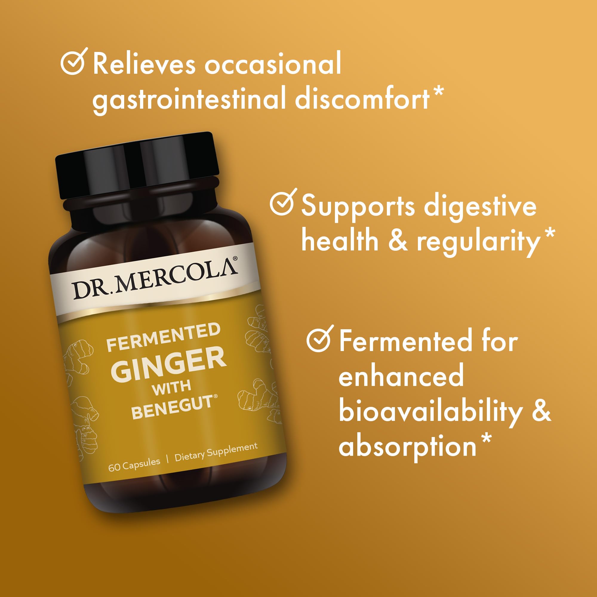 Fermented ginger supplement with Benegut capsules displayed