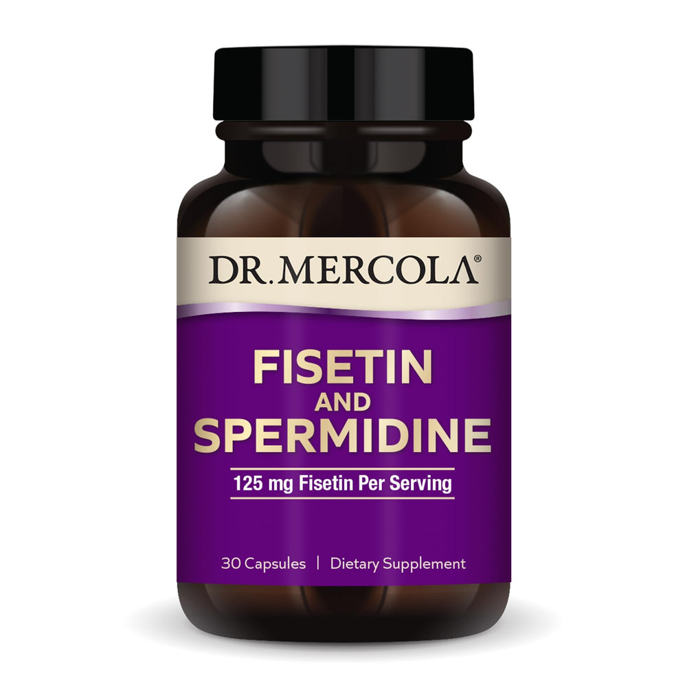 Front view of Dr. Mercola Fisetin and Spermidine bottle packaging