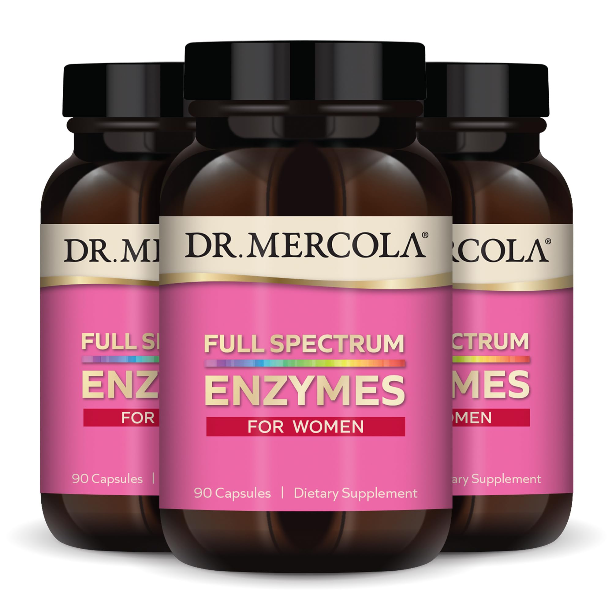 Dr Mercola Full Spectrum Enzymes for Women 90-capsule bottle shot emphasizes long-lasting supply