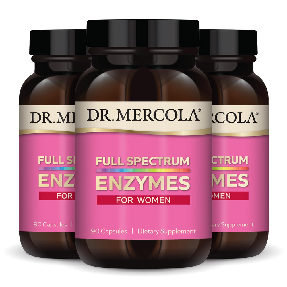 Dr Mercola Full Spectrum Enzymes for Women 90-capsule bottle shot emphasizes long-lasting supply
