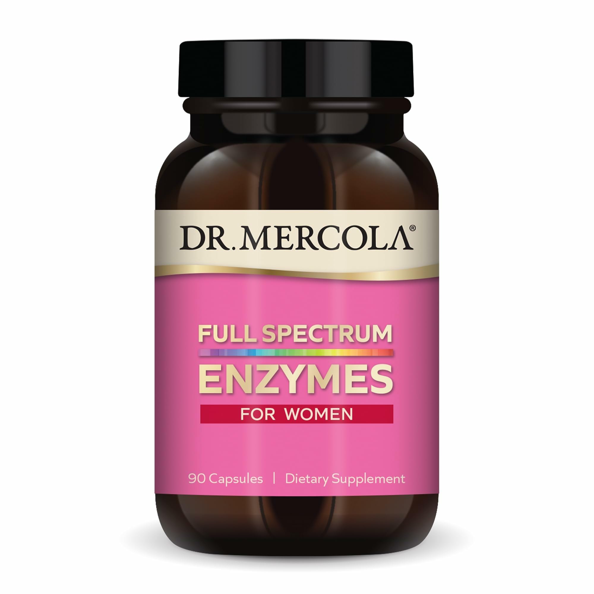 Dr Mercola Full Spectrum Enzymes for Women bottle front showing digestive support on the go