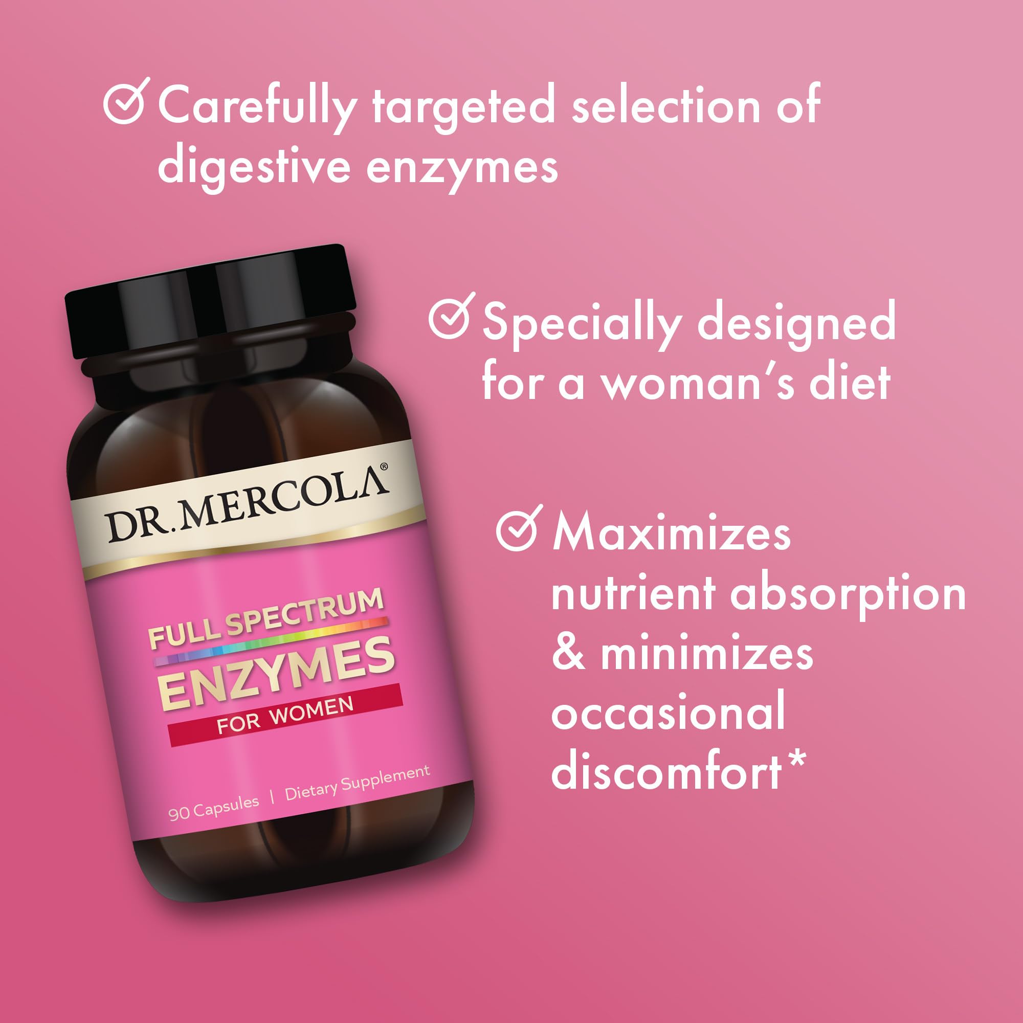 Dr Mercola Full Spectrum Enzymes for Women capsules closeup emphasizes enzyme variety