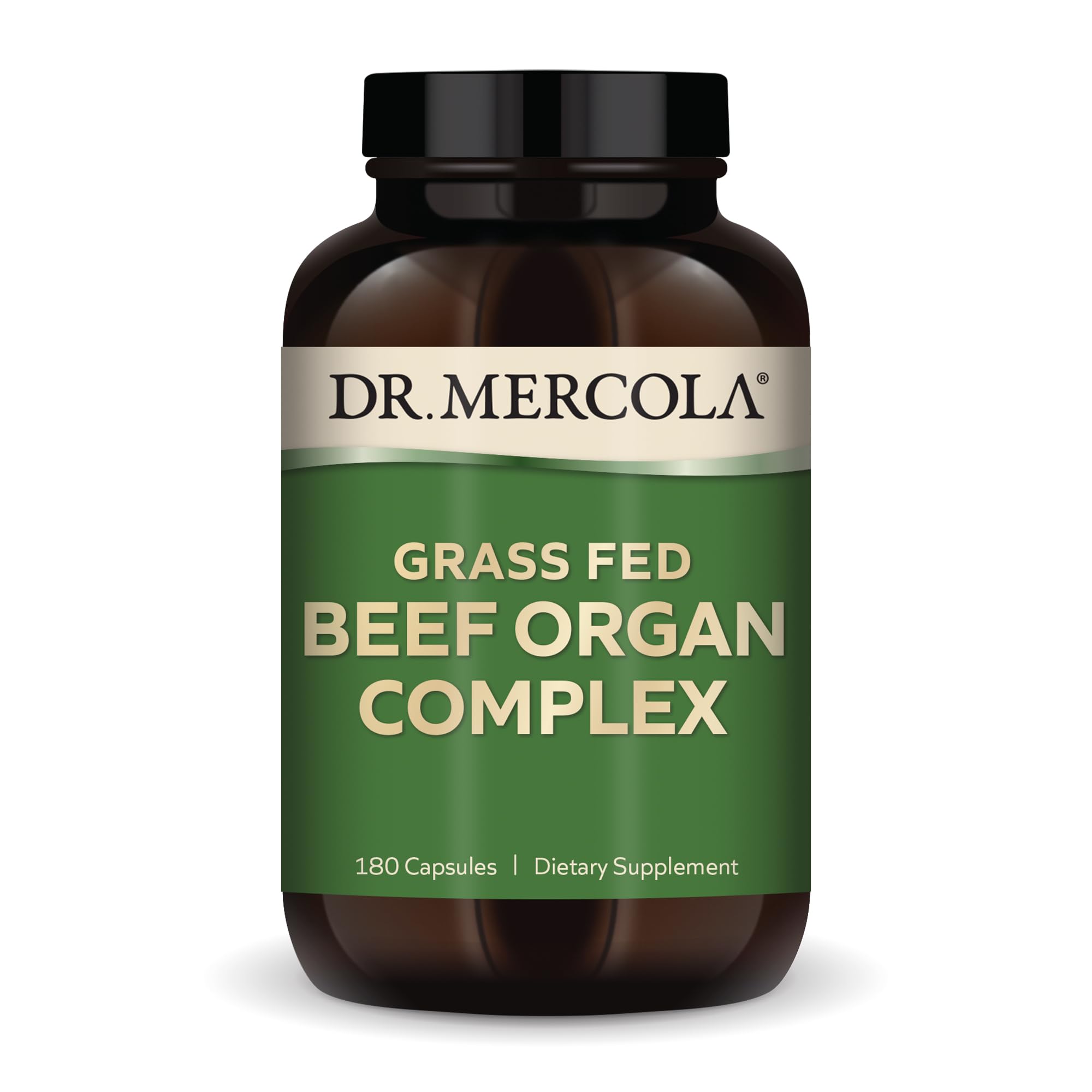 Bottle of Dr. Mercola Grass Fed Beef Organ Complex capsules.