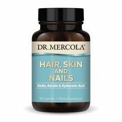 Dr. Mercola Hair, Skin and Nails bottle and capsules on white background