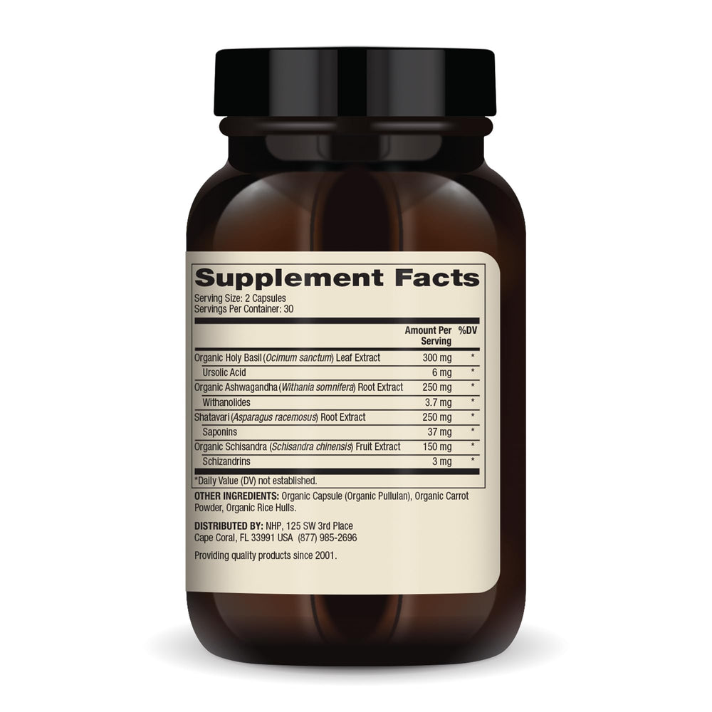 Herbal Adrenal Support capsules spilled near bottle