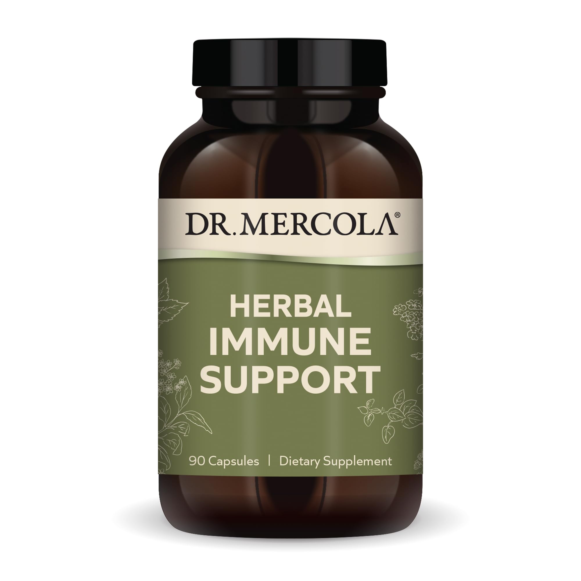 Dr. Mercola Herbal Immune Support bottle and packshot showing 90 capsules for daily immunity.