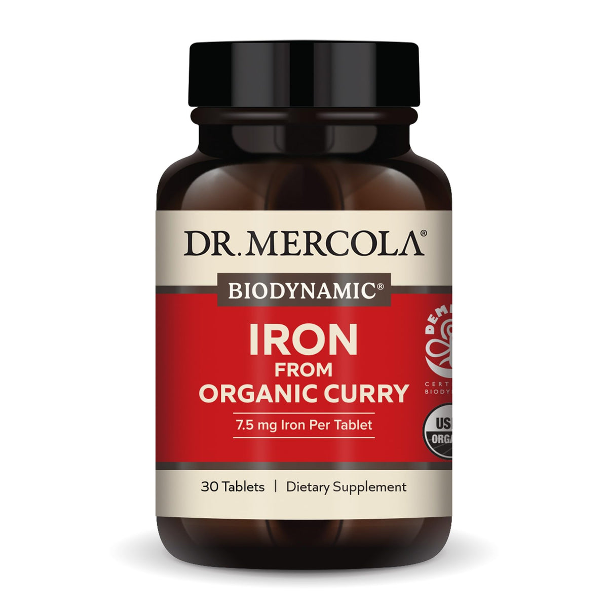 Dr. Mercola Iron from Organic Curry bottle showing 30 servings