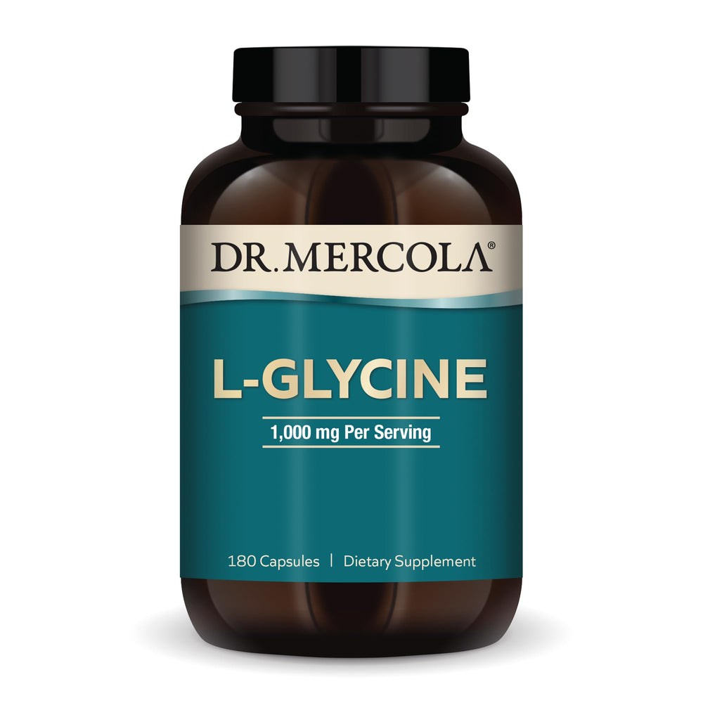 Dr. Mercola L-Glycine bottle hero image with 180 capsules