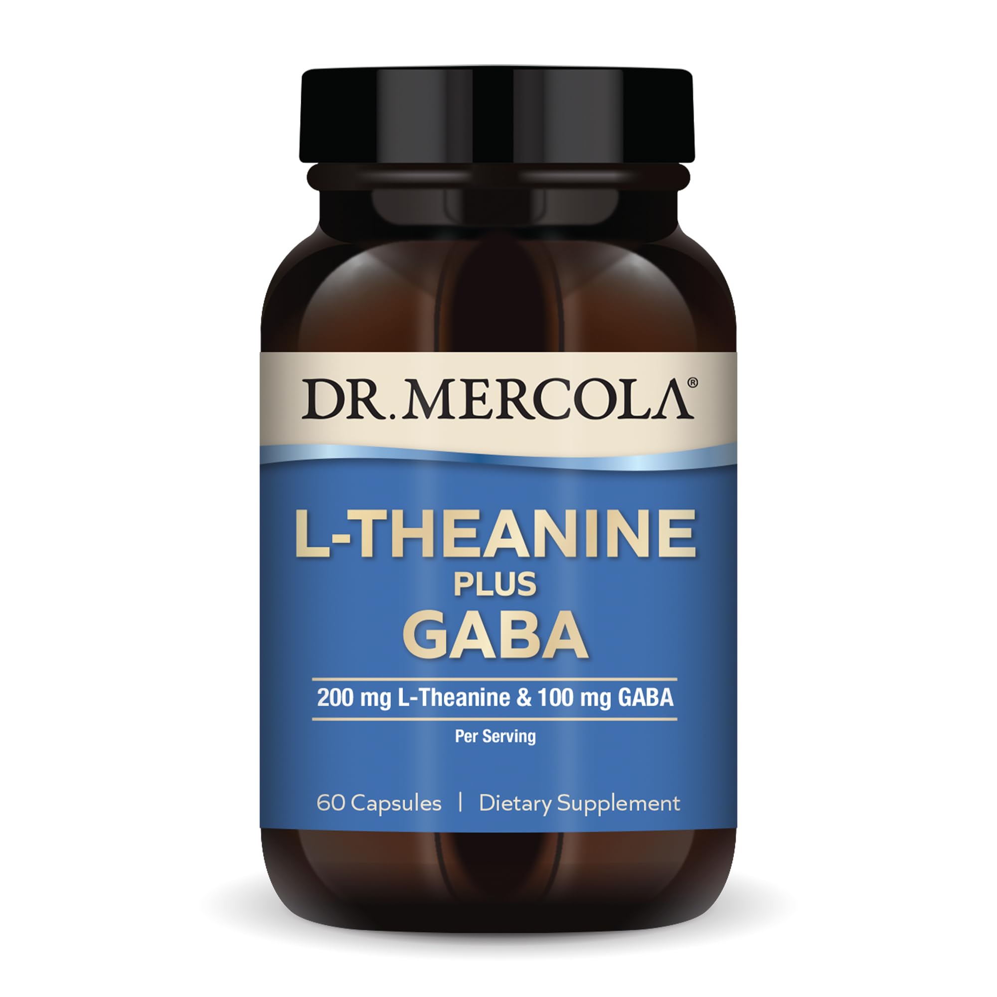 Dr. Mercola L-Theanine Plus GABA bottle and capsules on white background