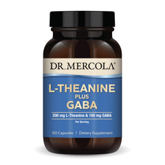 Dr. Mercola L-Theanine Plus GABA bottle and capsules on white background