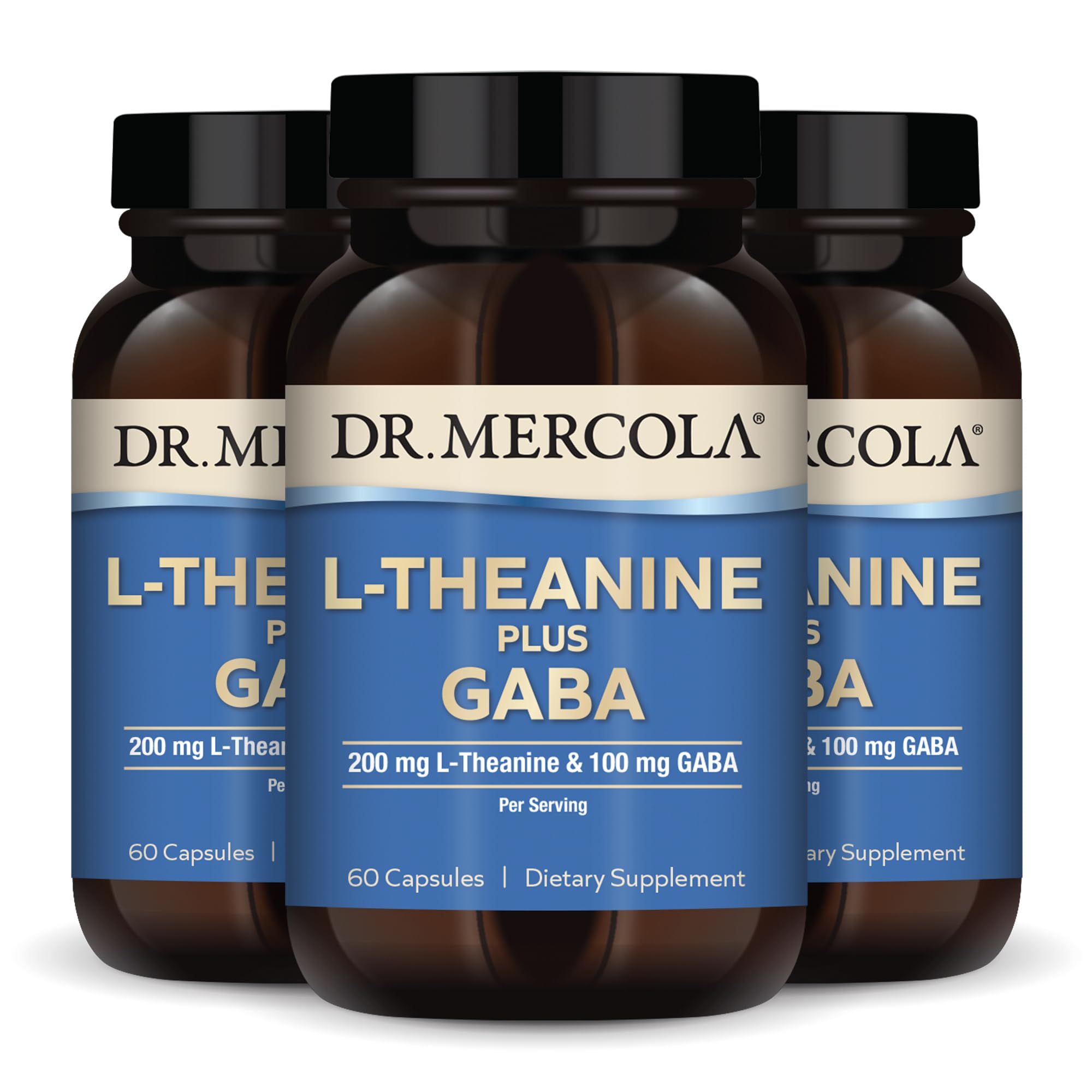Front-facing Dr. Mercola L-Theanine Plus GABA bottle