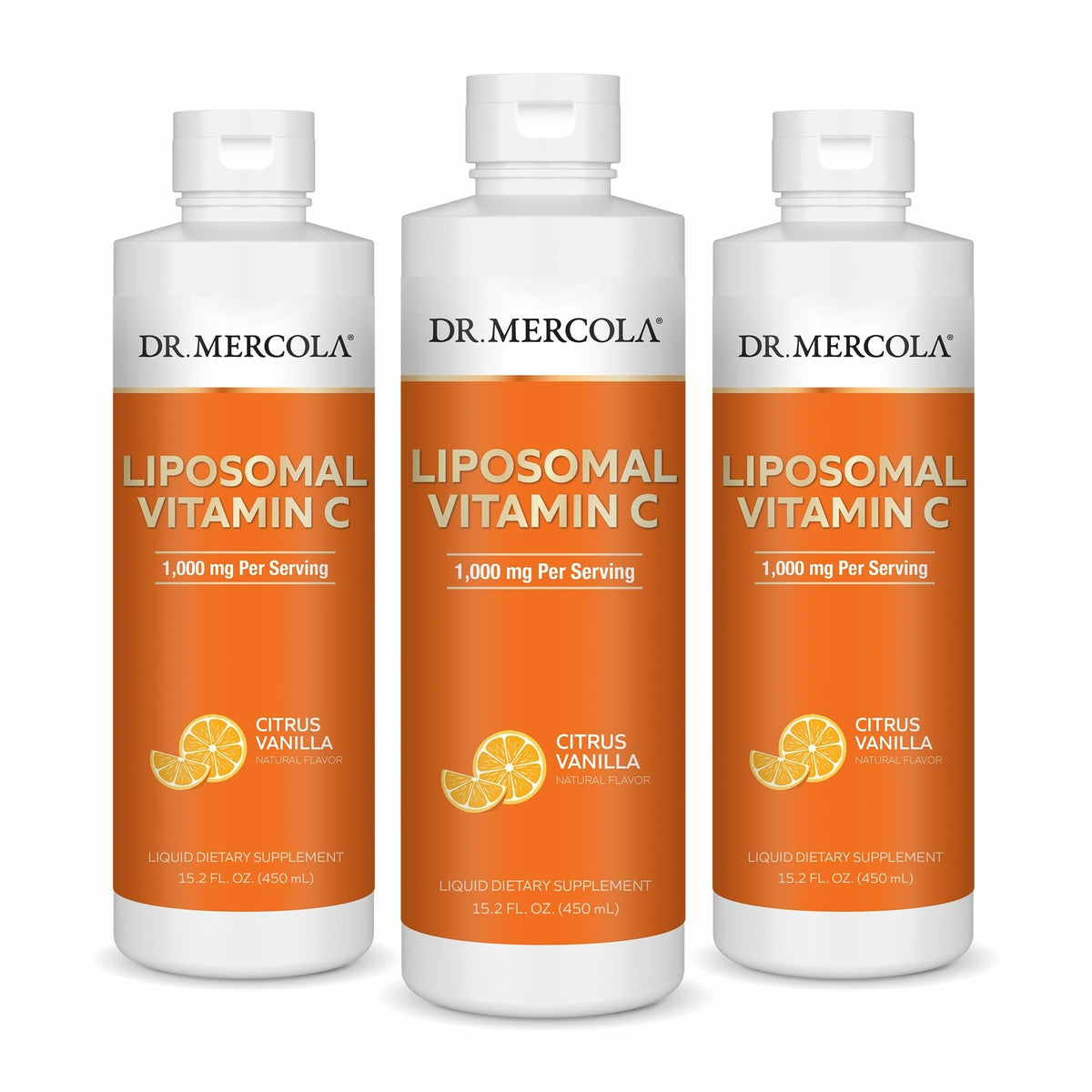 Front view of Dr. Mercola Liquid Liposomal Vitamin C Citrus Vanilla 450 mL bottle - 3 pack
