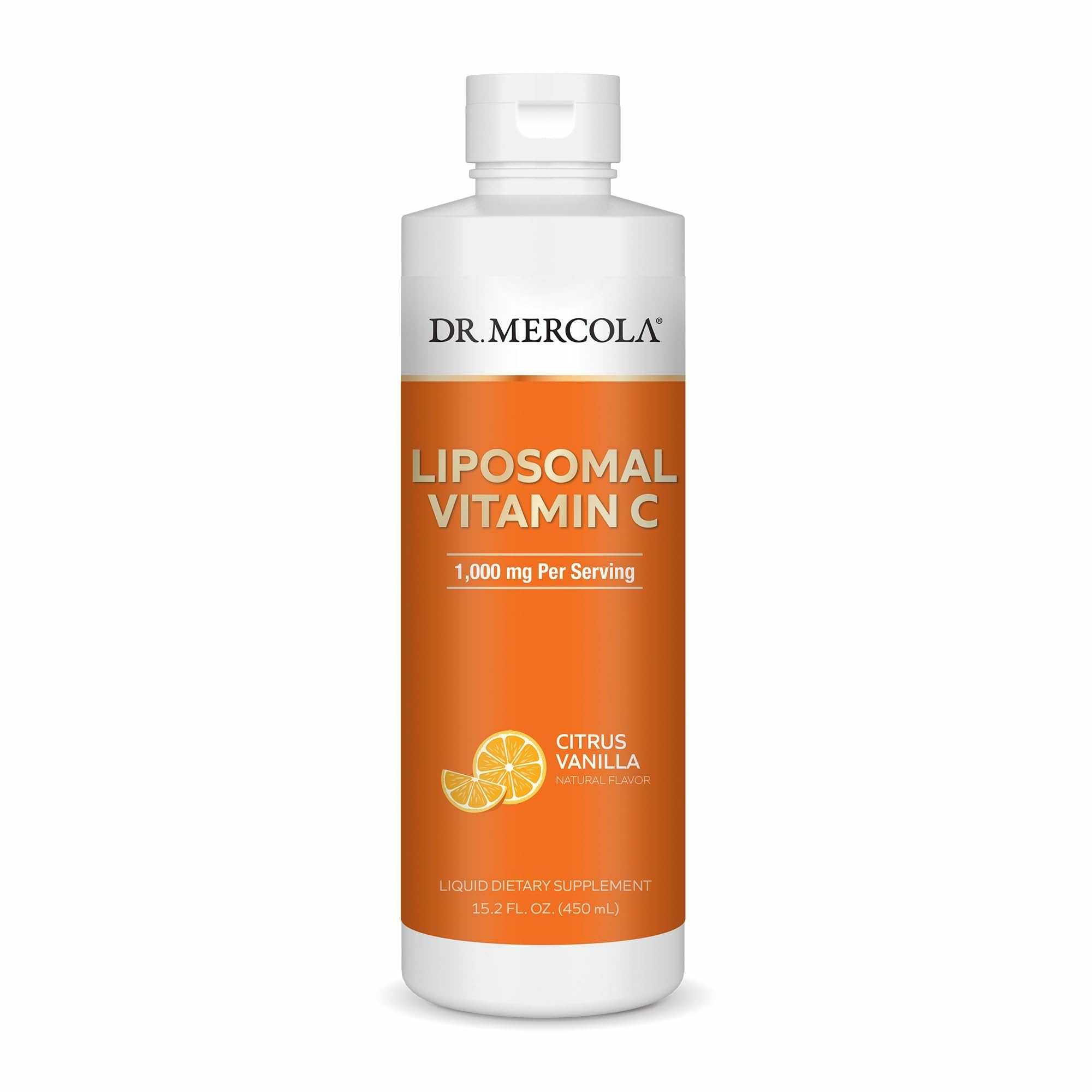 Dr. Mercola Liquid Liposomal Vitamin C bottle with citrus vanilla flavor.
