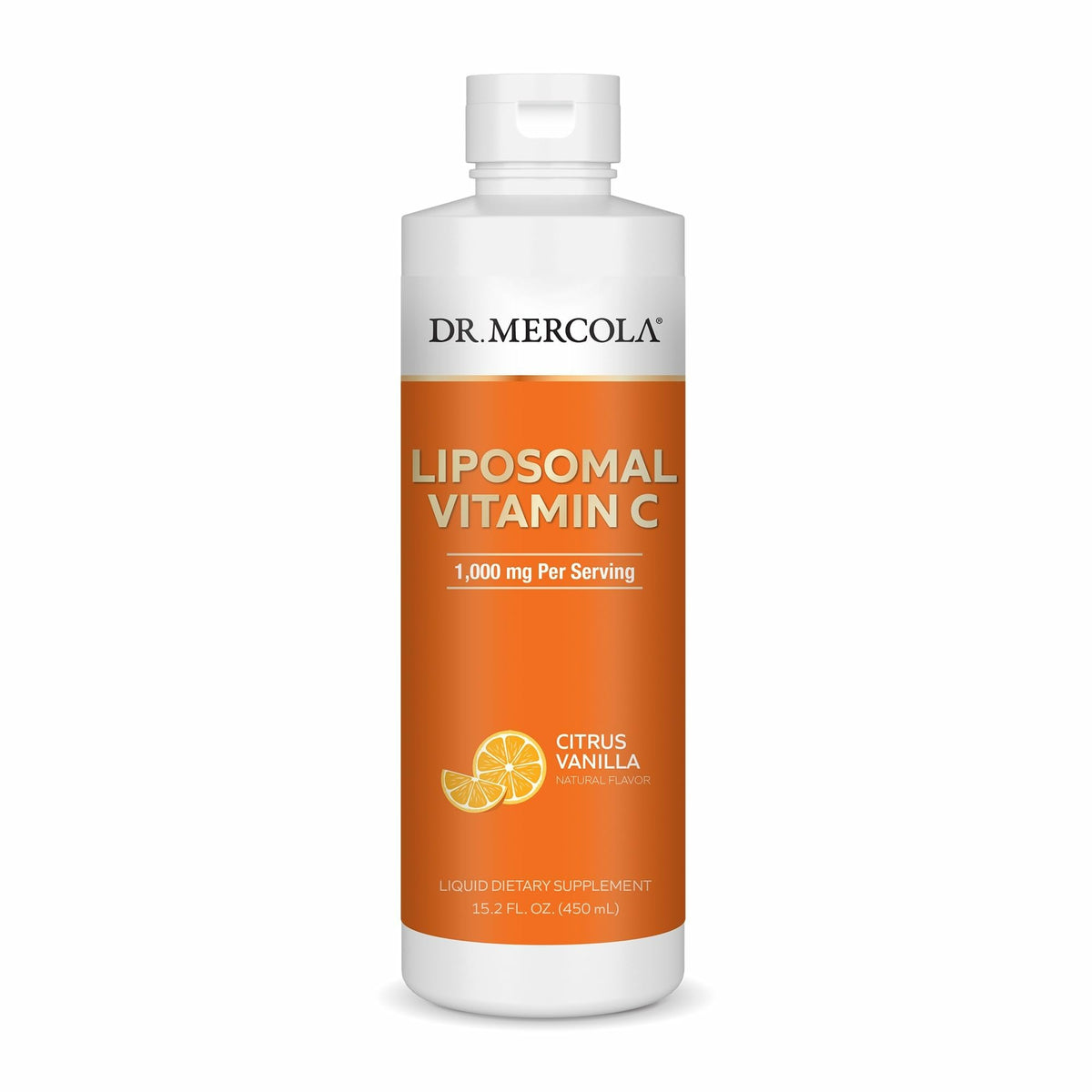 Dr. Mercola Liquid Liposomal Vitamin C bottle with citrus vanilla flavor.