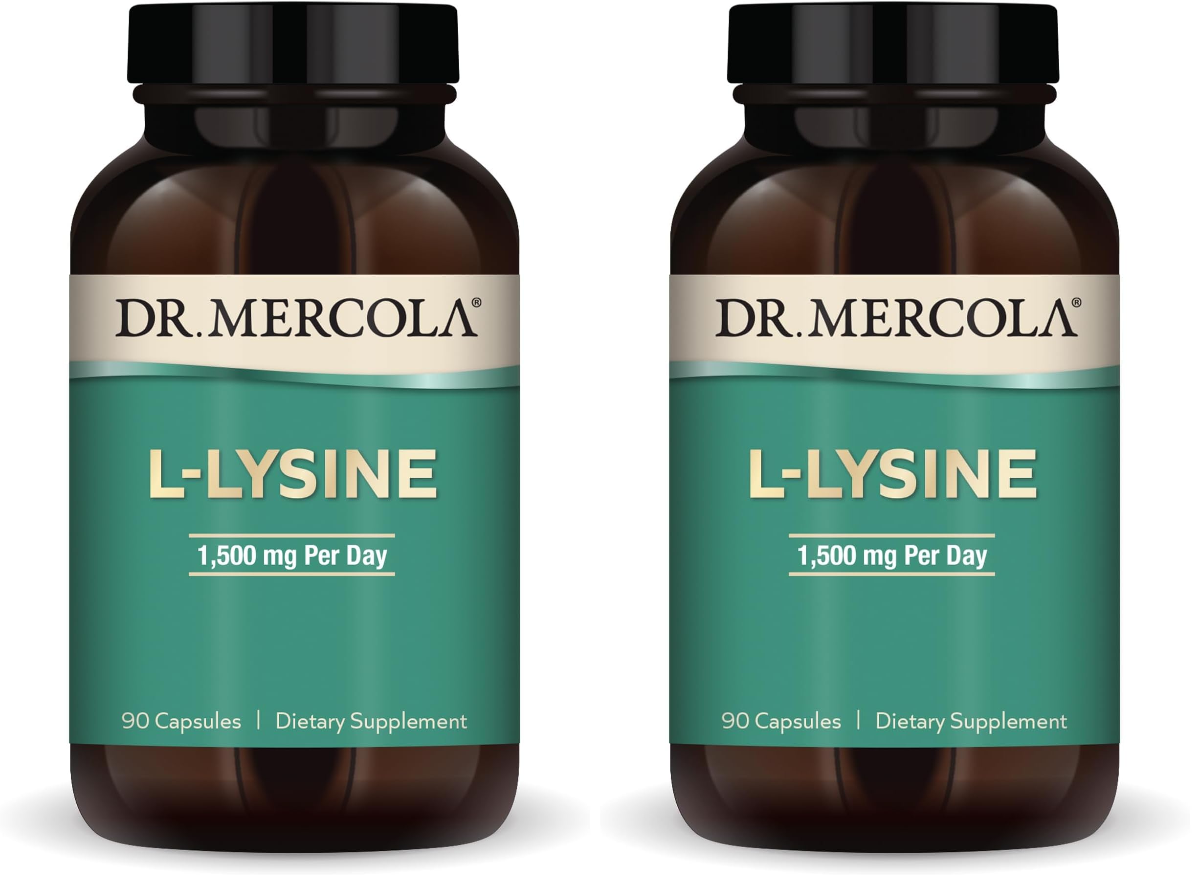 Dr. Mercola L-Lysine bottle showing 90 capsules, pack of 2