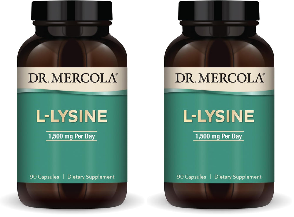 Dr. Mercola L-Lysine bottle showing 90 capsules, pack of 2