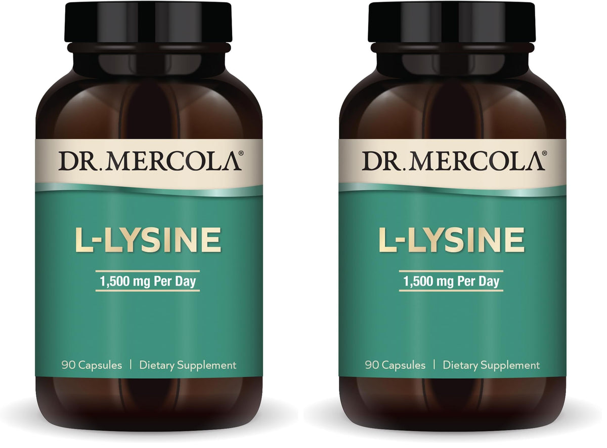 Dr. Mercola L-Lysine bottle showing 90 capsules, pack of 2