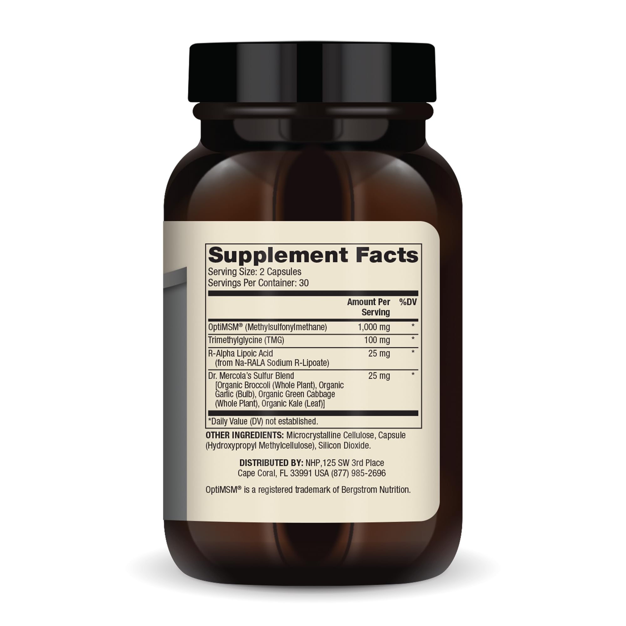 Back label view of Dr. Mercola MSM Sulphur Complex