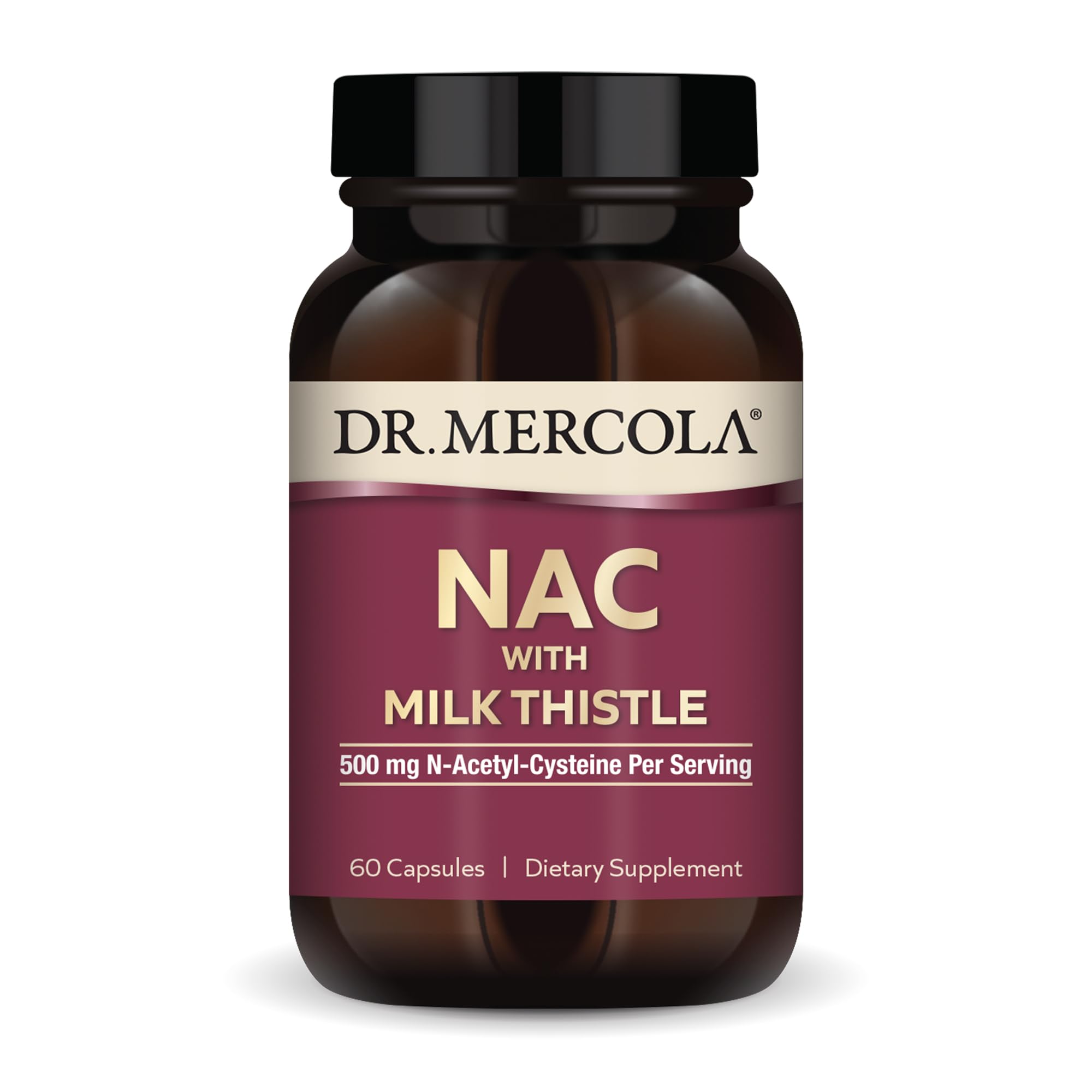 Dr. Mercola NAC with Milk Thistle bottle label showing 60 capsules and 500 mg NAC per serving