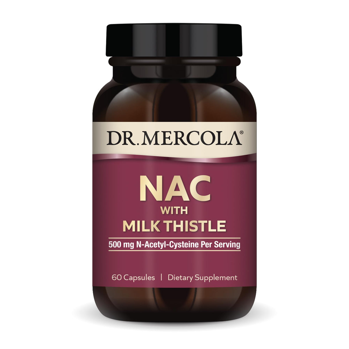 Dr. Mercola NAC with Milk Thistle bottle label showing 60 capsules and 500 mg NAC per serving