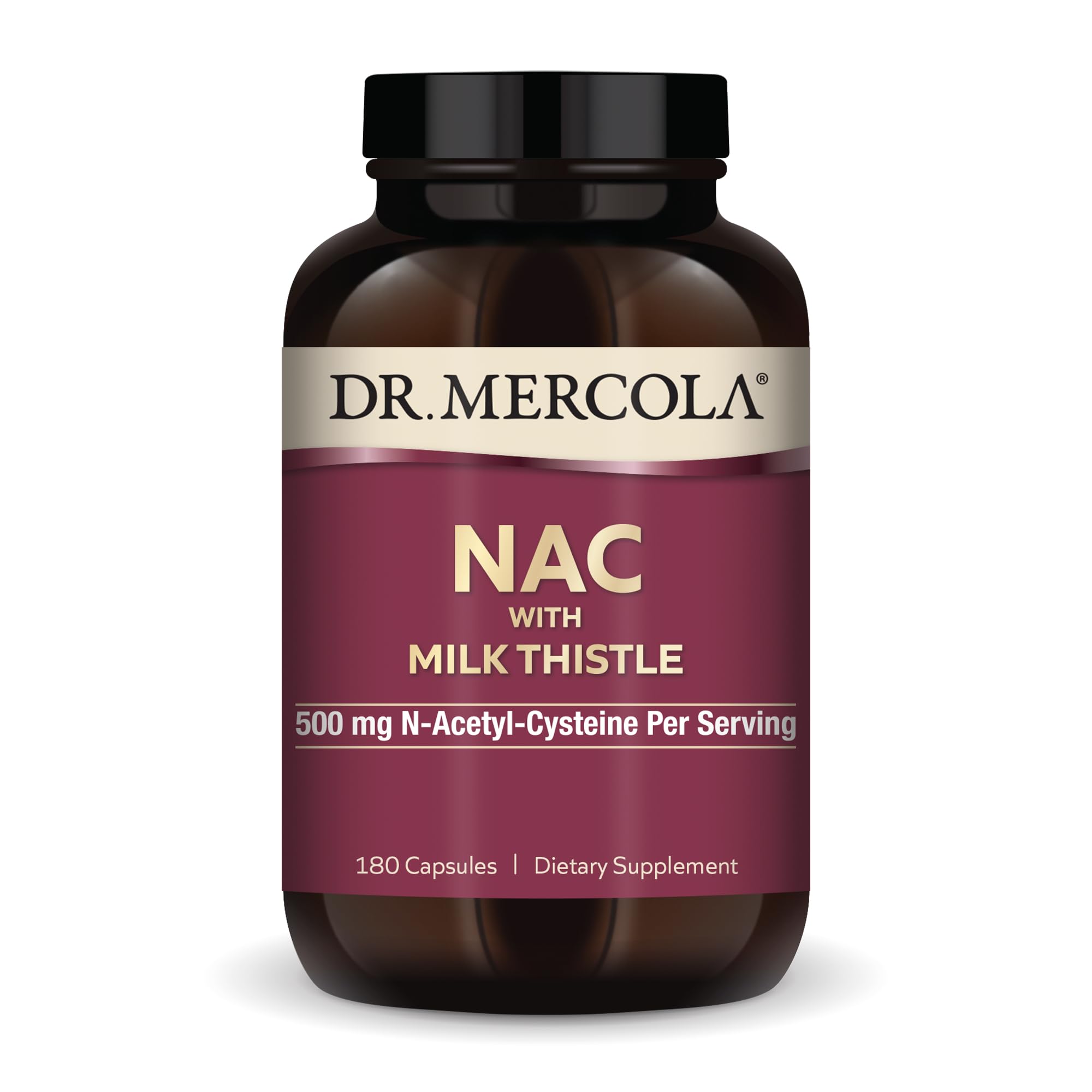 Front label of Dr. Mercola NAC with Milk Thistle bottle
