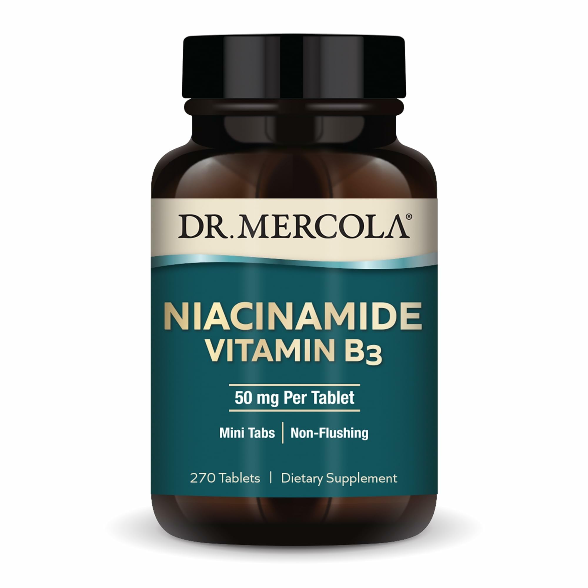 Bottle of Dr. Mercola Niacinamide B3 50 mg mini tabs, 270 servings