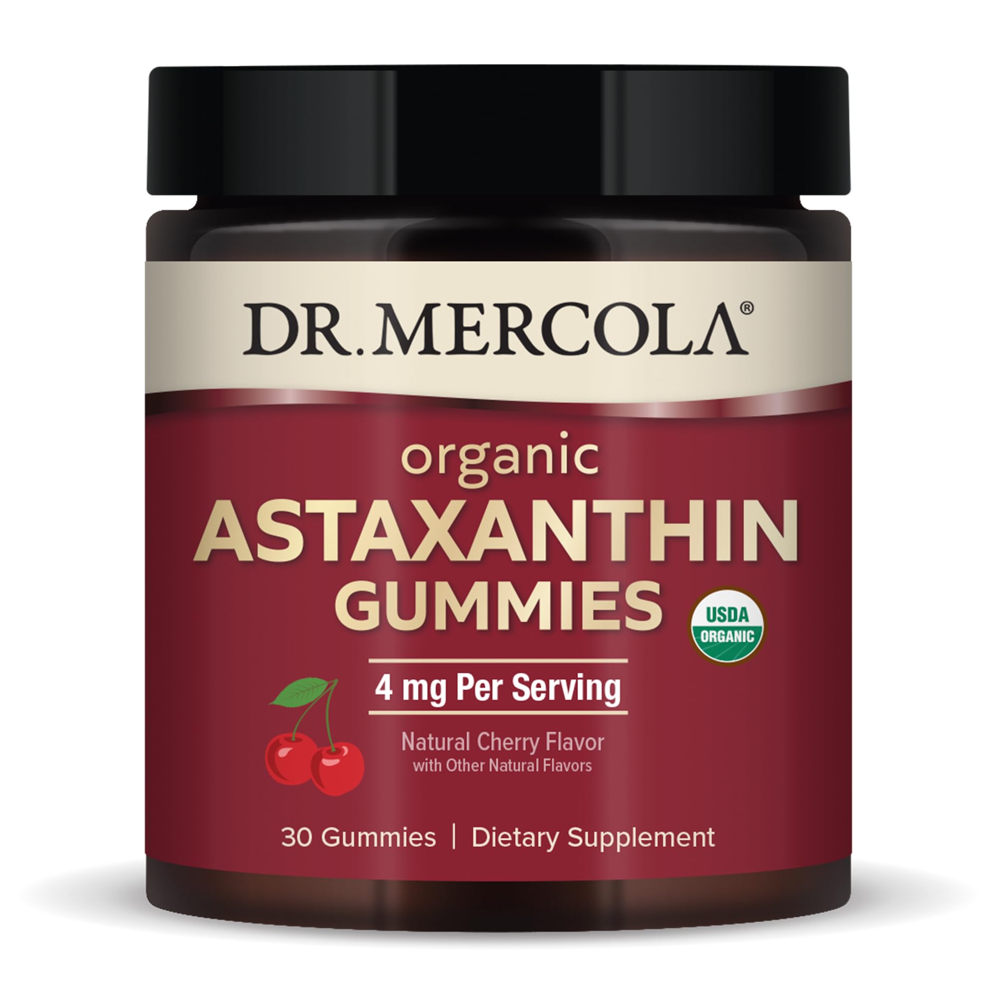 Bottle of Dr. Mercola Organic Astaxanthin Gummies with label