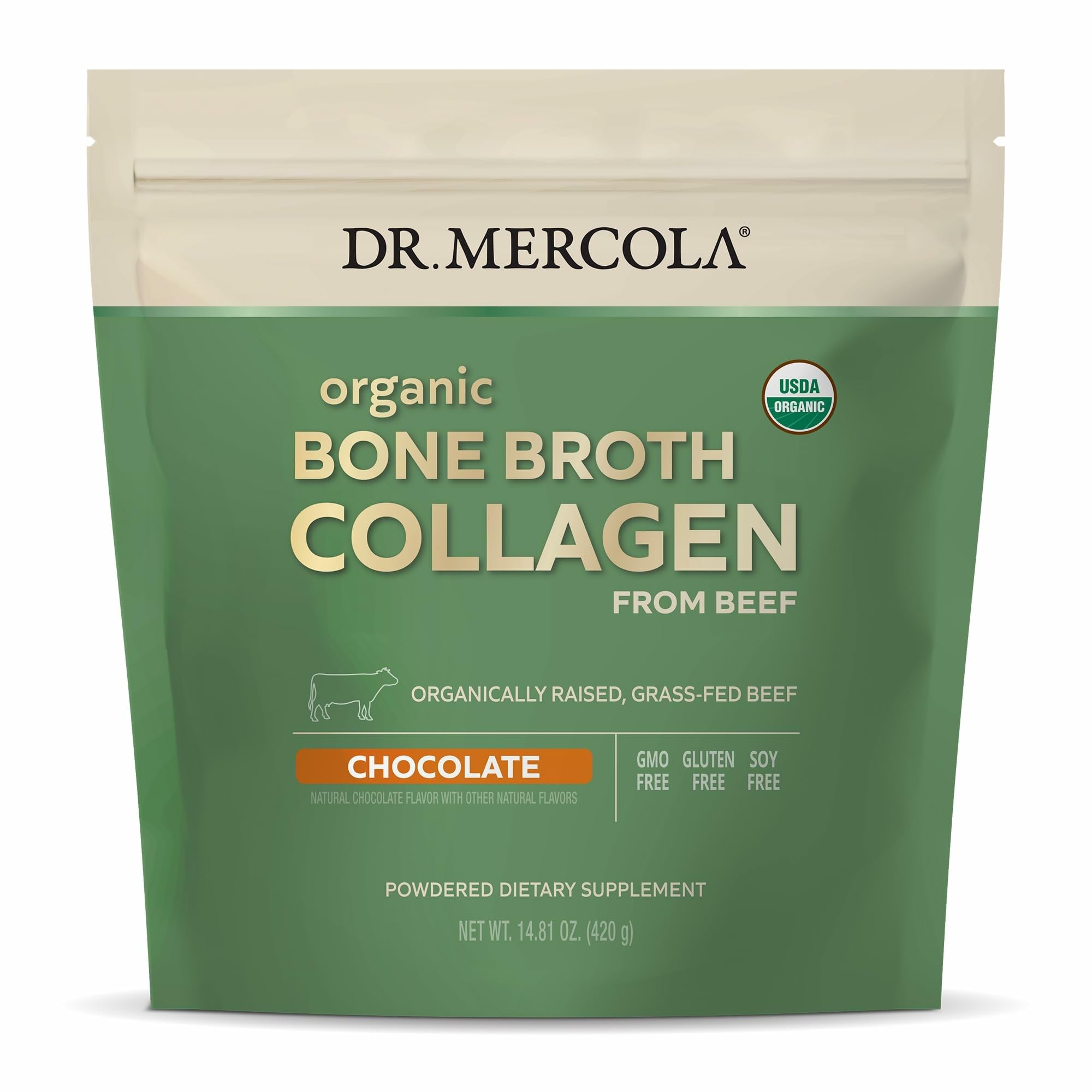 Chocolate flavor Dr. Mercola Organic Bone Broth Collagen Powder tub