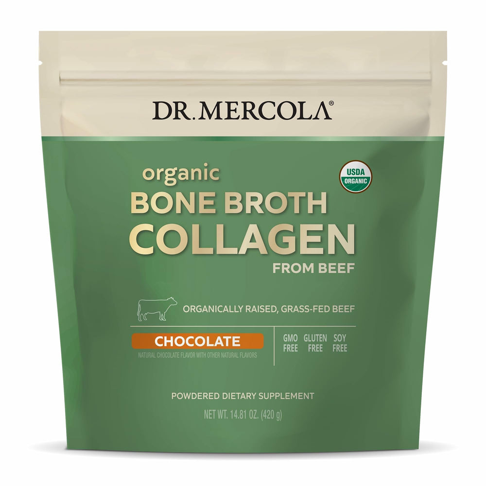 Chocolate flavor Dr. Mercola Organic Bone Broth Collagen Powder tub