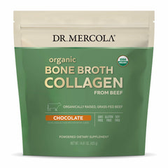 Chocolate flavor Dr. Mercola Organic Bone Broth Collagen Powder tub