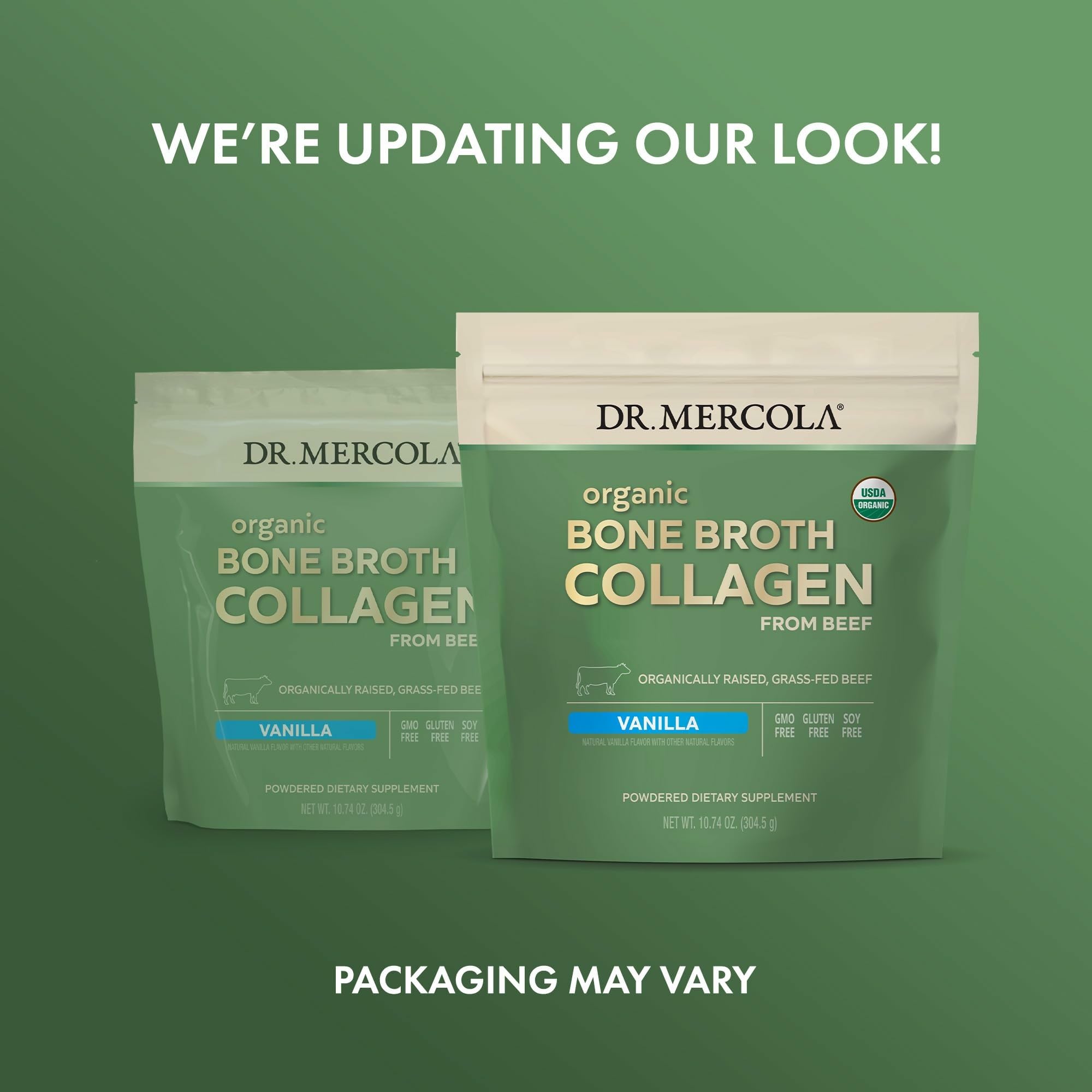 Vanilla collagen powder being poured into a glass of water