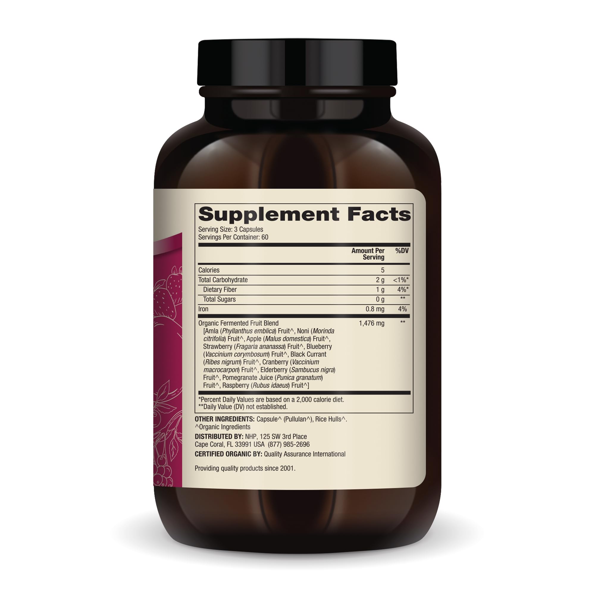 Close-up of fermented organic fruits and berries used in the capsules