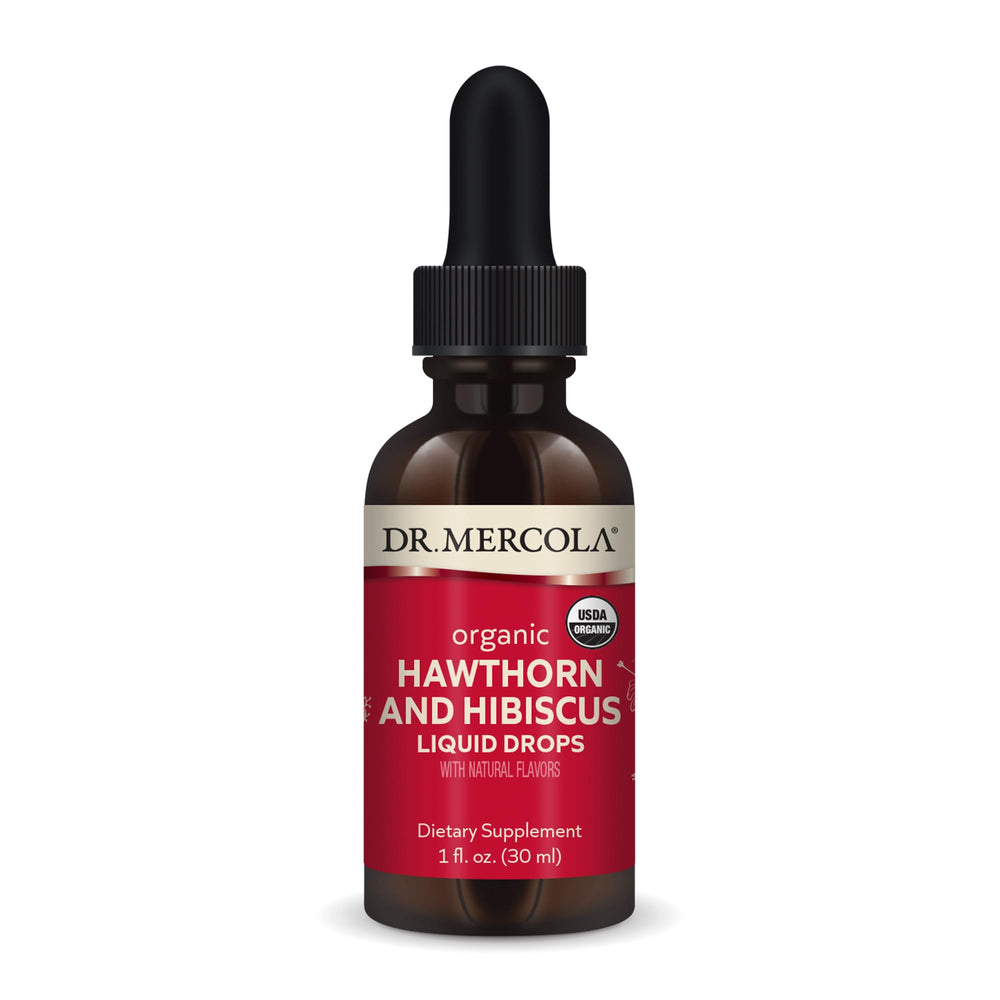 Front view of Dr. Mercola Organic Hawthorn & Hibiscus Liquid Drops bottle