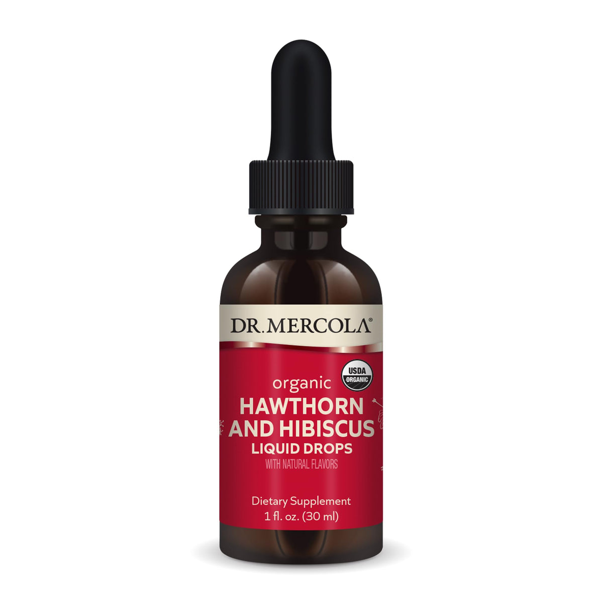 Front view of Dr. Mercola Organic Hawthorn & Hibiscus Liquid Drops bottle