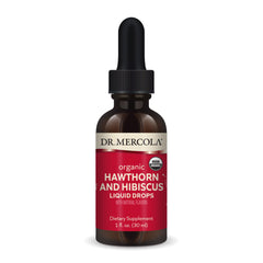 Front view of Dr. Mercola Organic Hawthorn & Hibiscus Liquid Drops bottle