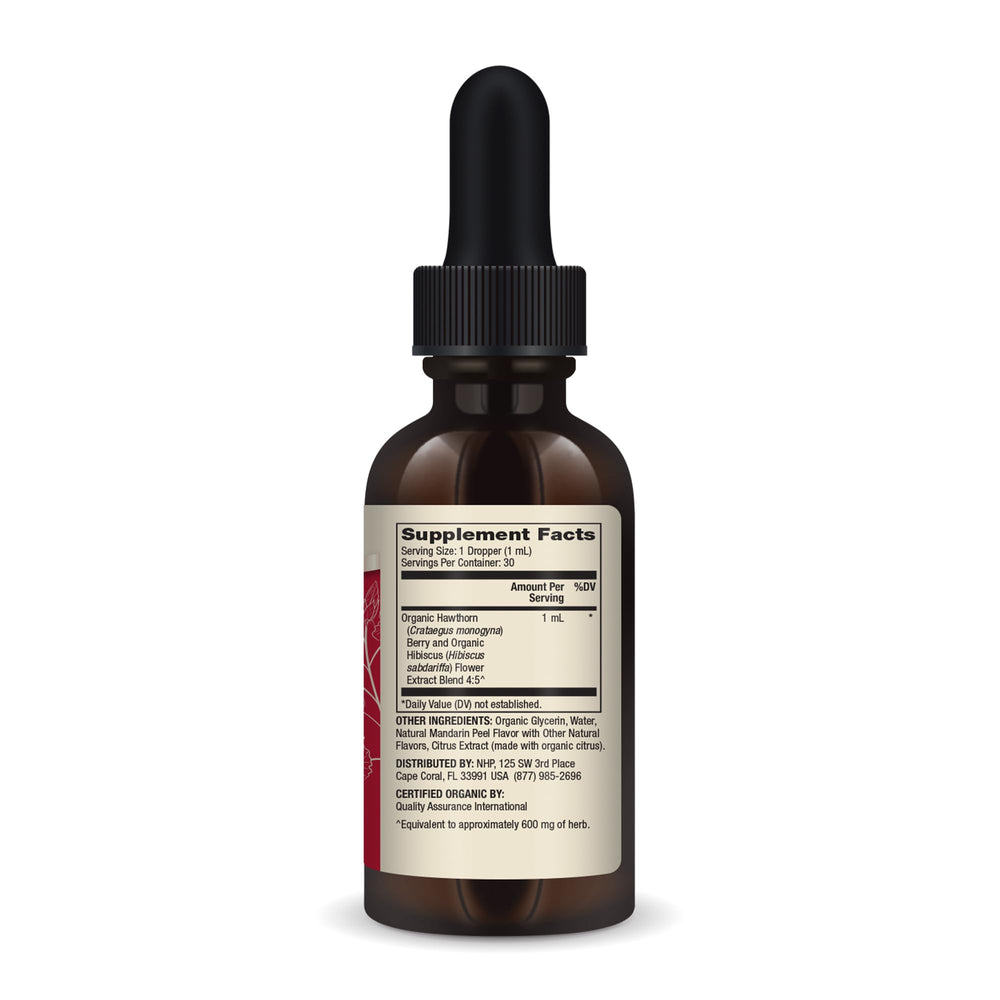 Side view of Dr. Mercola Hawthorn & Hibiscus Liquid Drops bottle
