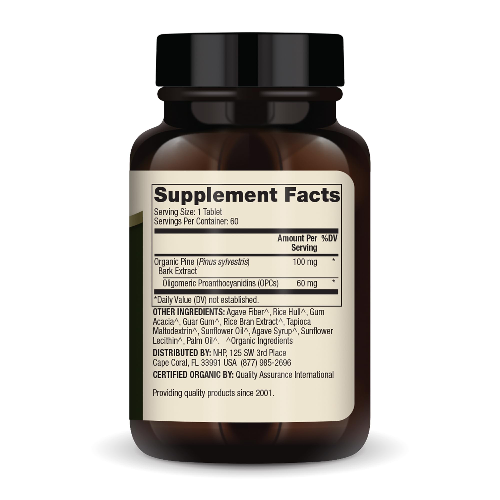 Back view showing bottle label of Dr. Mercola Pine Bark Extract