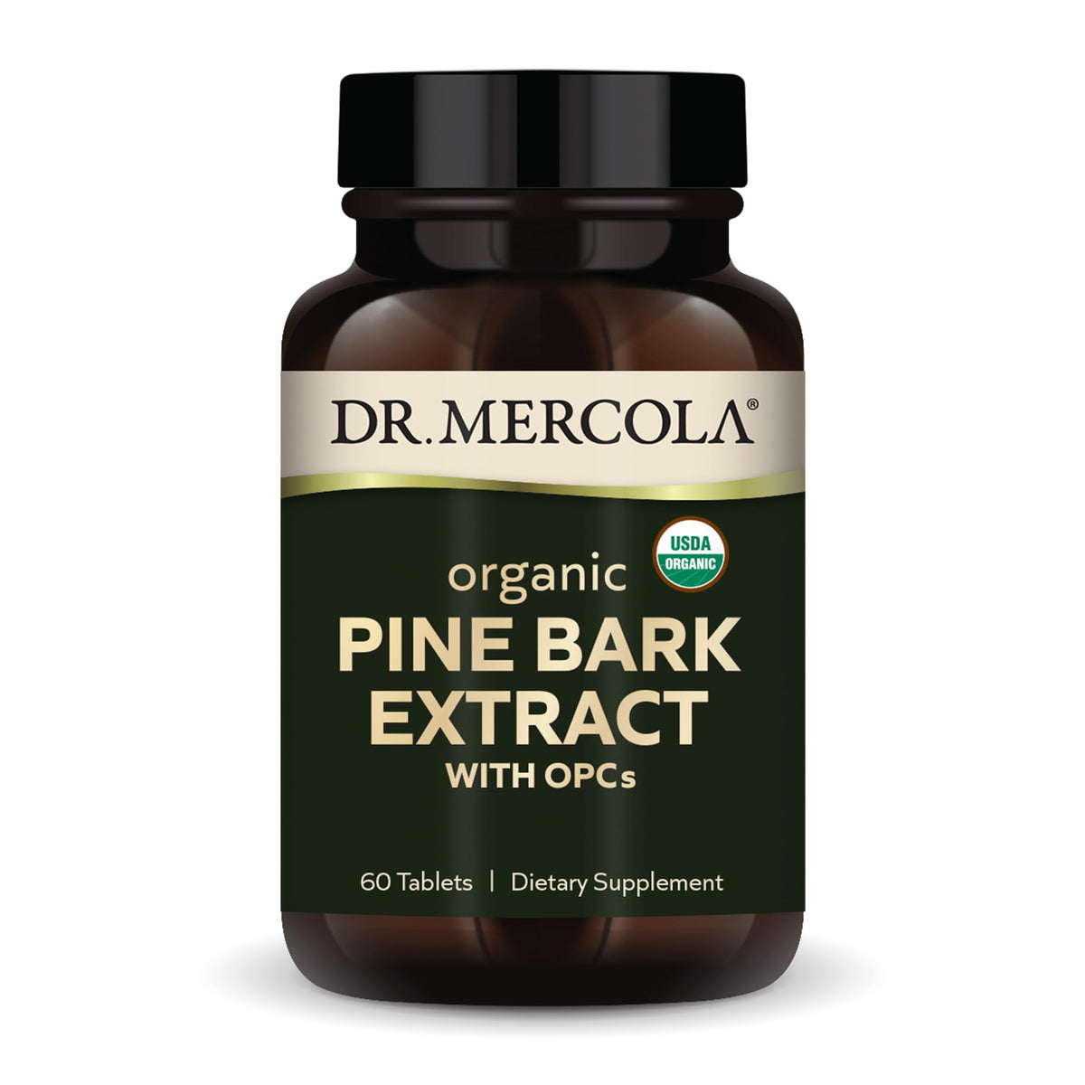 Front view of Dr. Mercola Organic Pine Bark Extract bottle with 60 tablets