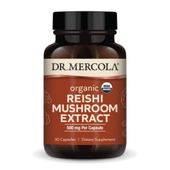 Dr. Mercola Organic Reishi Mushroom Extract bottle and label on white background