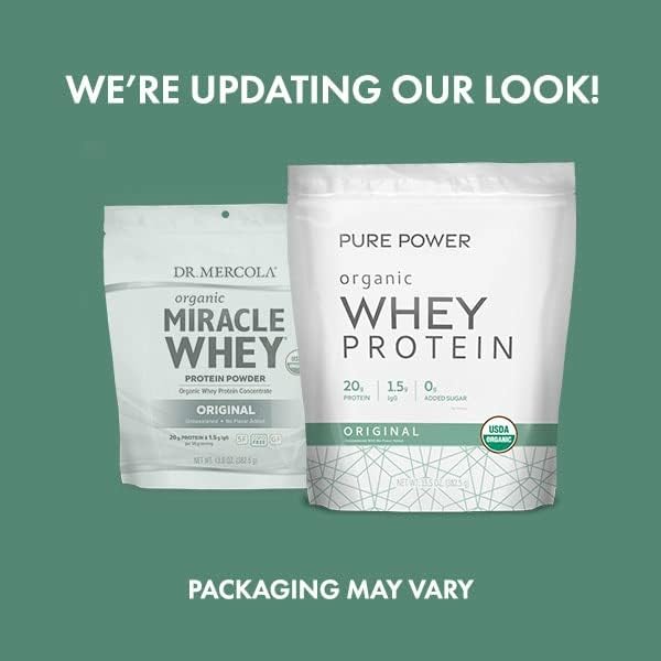 Dr. Mercola Pure Power Organic Whey Protein nutrition panel—0 g added sugar; gluten- and soy-free.
