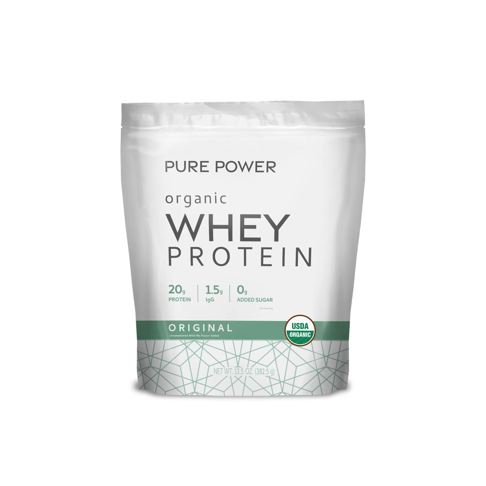 Dr. Mercola Pure Power Organic Whey Protein tub front—high-protein fueling for workouts.